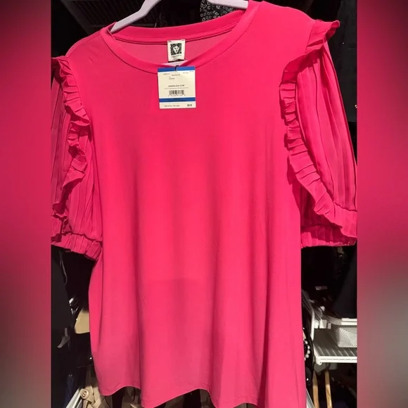 Anne Klein Pink Blouse Pleated Ruffle Short Sleeve Classic Top Size XL NEW NWT - Picture 5 of 6